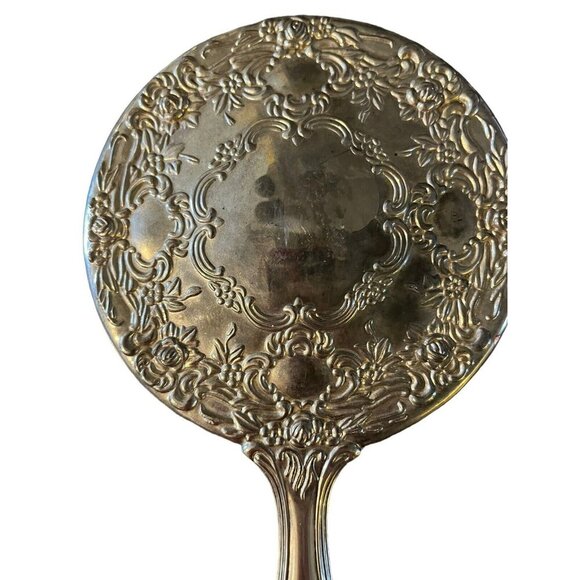 Vintage Antique Silver Plate Rose Pattern Vanity Hand Mirror Victorian - Picture 3 of 5